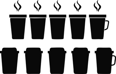 A set of black silhouettes of disposable coffee cups, various sizes, with steam rising from the top.