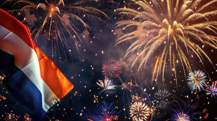 Celebration of koningsdag in the netherlands with fireworks display and dutch flag. Flag of the Netherlands and fireworks. King's Day. Liberation Day. Bevrijdingsdag
