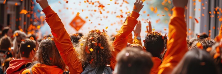Celebrating Koningsdag in the Netherlands with joyful crowds and orange confetti. People in orange clothes and hats. King's Day