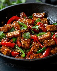Tempeh Stir Fry with Red and Green Bell Peppers in a Cast Iron Pan