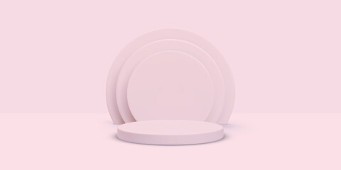 Abstract 3D pink room with set of realistic cylinders. Minimal scene for product display mockup presentation. Vector illustration