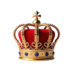 A regal crimson crown, adorned with gleaming gold and sapphire accents, symbolizing power and majesty against a pristine transparent background.