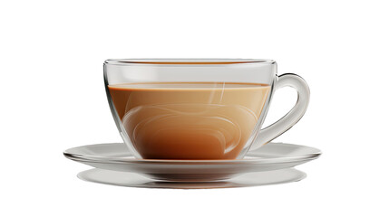 Obraz premium Warm Coffee Moment: A transparent glass teacup, brimming with a creamy coffee beverage, rests on a matching saucer, inviting a moment of pure comfort. 