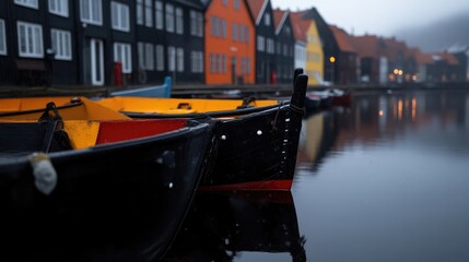 Obraz premium Colorful canal houses and boats on a misty morning