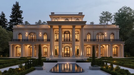 Obraz premium Elaborate neoclassical mansion with manicured grounds at twilight hour