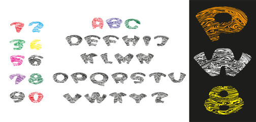 Alphabet, letters and numbers- doodles, dry brush.
 For free use, English font, set of letters and numbers. ABC. Vector image