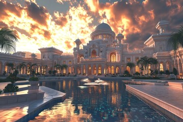 Obraz premium A luxurious palace reflects in tranquil waters at sunset