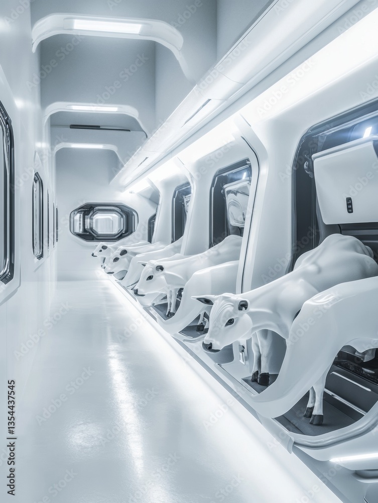 Poster futuristic automated milking station featuring robotic arms milking cows with advanced technology an