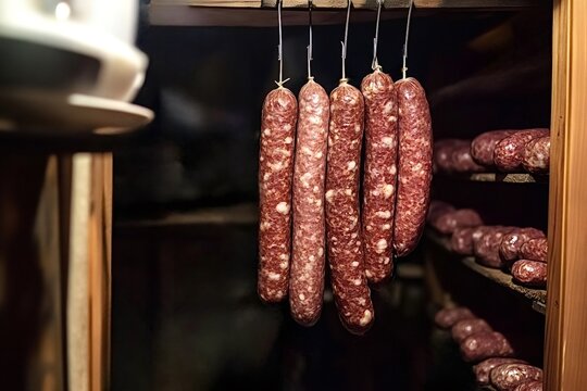 Several salamis are hanging and curing in a traditional smokehouse, showcasing the process of sausage making with rows of other sausages in the background