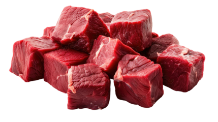 Freshly Cut Beef Cubes: Close-up shot of raw, vibrant red beef cubes, perfectly trimmed and ready for cooking, representing the epitome of culinary quality and freshness.