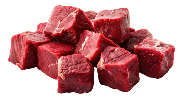 Freshly Cut Beef Cubes: Close-up shot of raw, vibrant red beef cubes, perfectly trimmed and ready for cooking, representing the epitome of culinary quality and freshness.