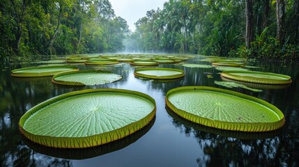 Serene Amazonian Water Lilies: A Breathtaking Panorama of Giant Victoria Amazonica