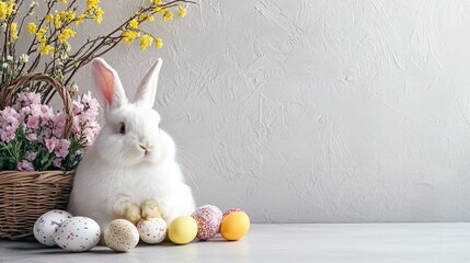 Rustic Easter Arrangement with Hand-Drawn White Bunny, Earth-Tone Eggs in Burlap Basket on Weathered Gray Wood Background. Authentic Style for Craft Tutorials, Eco-Friendly Packaging, or Seasonal Mark