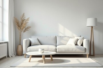 Obraz premium Serene Minimalist Living Room Interior Design with Light Sofa and Wooden Coffee Table