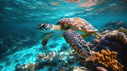 Obraz premium Majestic Sea Turtle in Vibrant Coral Reef