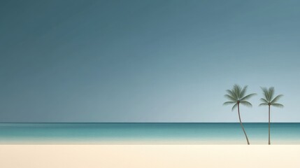 Obraz premium Tranquil beach scene under a serene sky. Two palm trees stand on the shore
