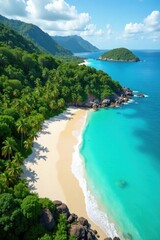 Fototapeta premium Turquoise waters lap against the shore of a pristine sandy beach surrounded by lush tropical greenery and a small island in the distance , sandy beach, palm trees, tropical