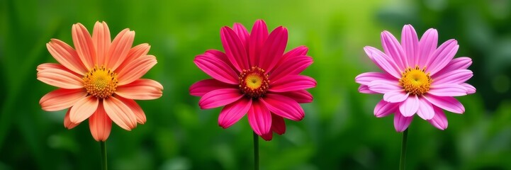 Obraz premium Three vibrant allium flowers arranged on lush green background, vibrant, fresh, bloom