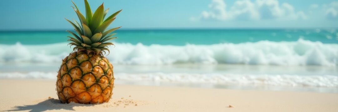 Tropical pineapple resting on sandy beach with rolling waves in background, ocean, summer