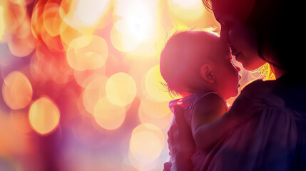 Celebrating world maternal mental health day with mother and baby. Horizontal banner. Copy space. Postpartum depression concept. Postnatal care services, women's wellness