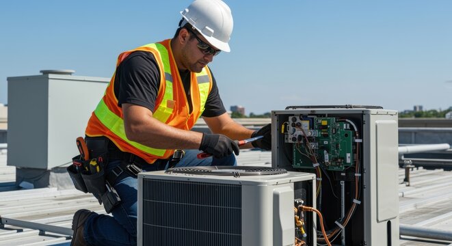 A technician repairs an air conditioning unit on a rooftop, equipped with a hard hat and safety vest, emphasizing the importance of HVAC maintenance and safety.