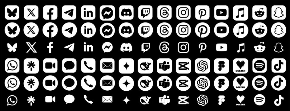 Threads, Instagram, TikTok, X, Facebook, Whatsapp, Twitter, YouTube, Telegram, Snapchat, Pinterest, Reddit, Messenger, Deezer, Bluesky, Spotify and LinkedIn app icons. Set of white social media logos