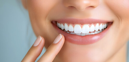 Obraz premium close up of smiling woman showcasing her bright, white teeth, with soft focus background. Her hand gently touches her lips, expressing confidence and happiness