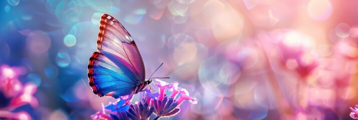 Butterfly on a pink-purple background, effect bokeh. World Lupus Day. Horizontal banner. Copy space. Free space for text. Autoimmune disease and immune system disorders concept