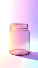 Empty glass jar with colorful reflections on a white surface