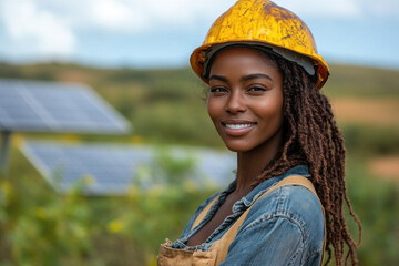 Confident female worker outdoors near solar panels with safety helmet
