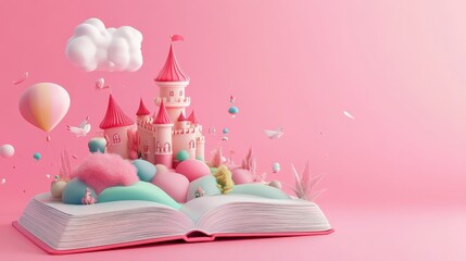 Fantasy World Concept: 3D Cartoon Fairytale Castle in Open Book on Pink Background