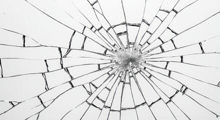 Obraz premium A close-up of shattered glass with radial cracks, set against a smooth white background. The sharp edges and fragments evoke themes of damage, vulnerability, and destruction.