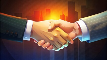Business handshake against city sunset backdrop.  Concept of partnership, deal, success, agreement, collaboration.