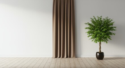 A modern interior space featuring a brown curtain draped against a minimalist white wall. A lush green potted plant adds a touch of nature and freshness to the clean, contemporary design of the room.