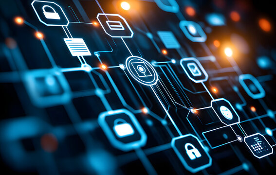Digital network with interconnected icons representing security, data, and technology. abstract design features glowing lines and nodes, conveying sense of connectivity and modernity