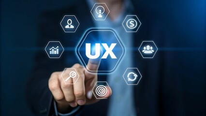 Ux user experience concept with icon isolated on white background, man touching interface