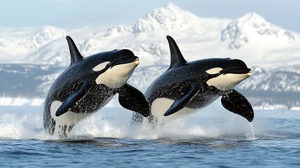 Two orcas leaping from ocean water, snowy mountains background.