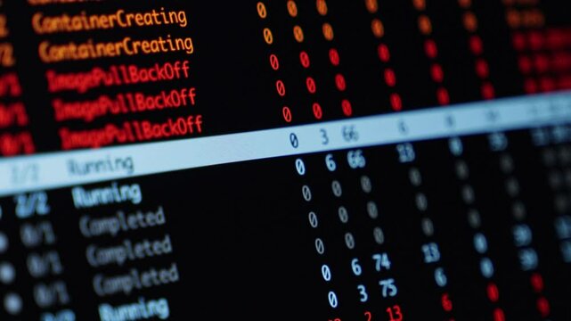 devops terminal log scan showing container statuses with camera panning from left to right, highlighting image pull errors and active running processes