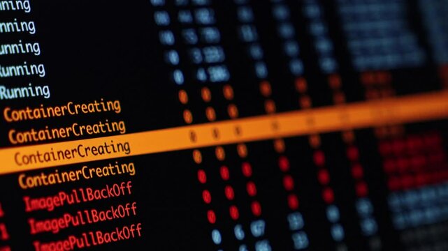 terminal screen panning showing container creation and image pull errors in a devops deployment log interface