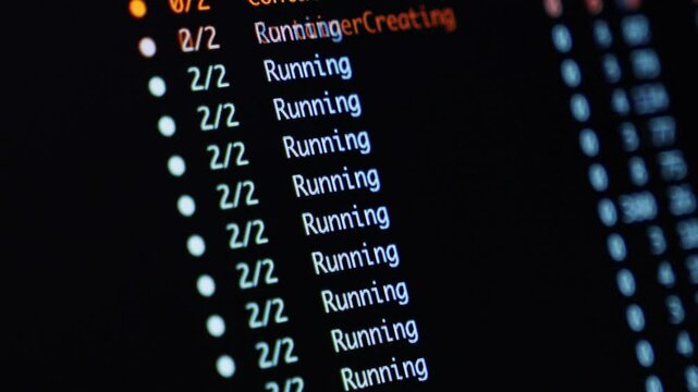 zooming and scrolling terminal screen with running container statuses and creation logs in a dynamic devops monitoring interface