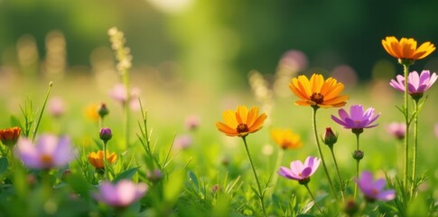 Fototapeta premium Wildflowers blooming in a meadow amidst tall grasses, flowers, nature