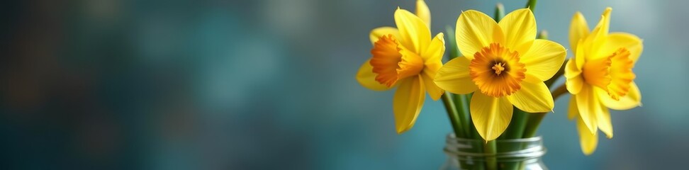 Fototapeta premium Vibrant spring narcissus flowers in glass jar with blurred background, Decoration, Narcissus, Blooming