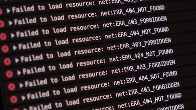zoomed view of browser console with multiple network errors including 404 not found and 403 forbidden messages in developer tools