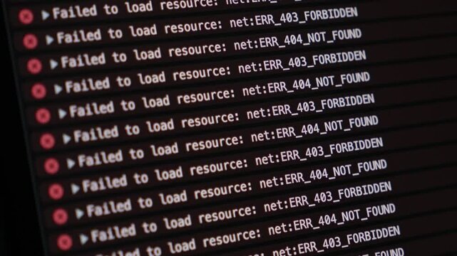 developer console filled with red network errors showing repeated 403 forbidden and 404 not found messages during resource load failure