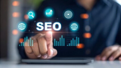 Hand of businessman with SEO Search Engine Optimization on VR screen. Digital marketing process, Strategy, Business Technology concept.