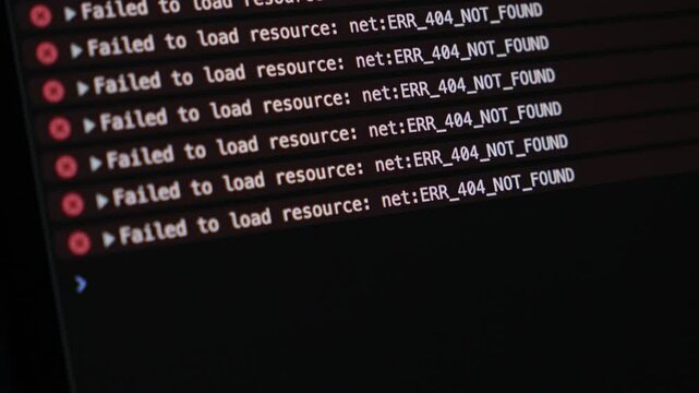 developer console with multiple 404 not found errors gradually appearing on screen during debugging process of a website in dark interface mode
