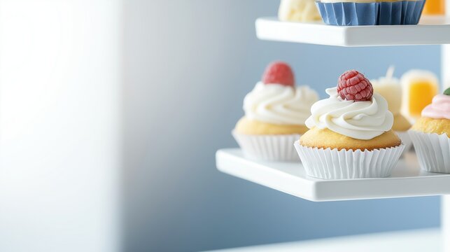 Delicious cupcakes with creamy frosting and fresh raspberries elegantly displayed on a tiered dessert stand perfect for a presentation or PowerPoint background offe ample copy