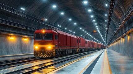 Fototapeta premium Freight Train Emerging from a Modern Tunnel