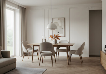 Fototapeta premium Minimalist Dining Room Decor with Light Wood Table and Neutral Tones