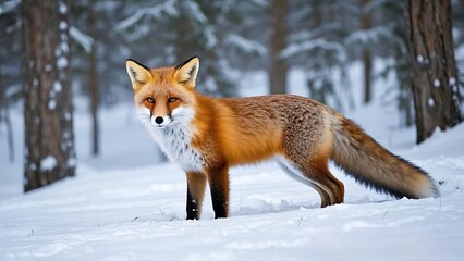 Obraz premium Wild Red Fox with Thick Winter Fur Standing Alert in a Snow-Covered Forest, Looking Directly at the Camera, 4k
